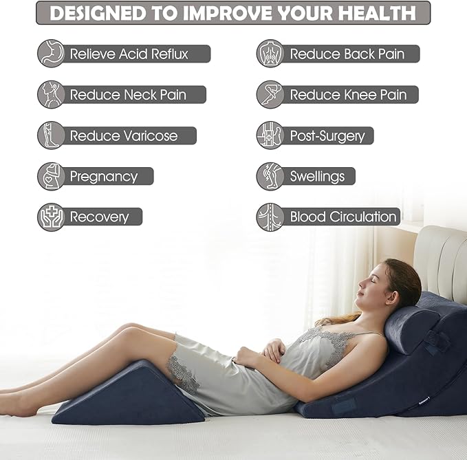 Ganaver 4 Pcs Orthopedic Bed Wedge Pillow Set – Post Surgery, Relaxing, Back & Adjustable Head Support Cushion – Triangle Memory Foam Pillow for Acid Reflux, Sleeping, Reading, Snoring (Navy)