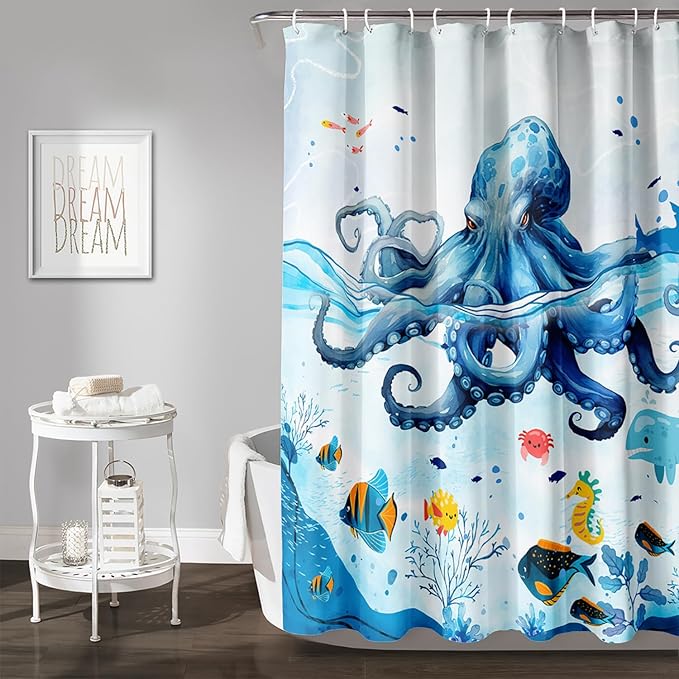 AILONEN Blue Octopuses Shower Curtain Set, Cartoon Octopus Creature Waterproof Fabric Shower Curtain,Ocean Animal Cloth Bath Curtain,Watercolor Blue Shower Curtain Liner with Hooks,72" Wx72 H
