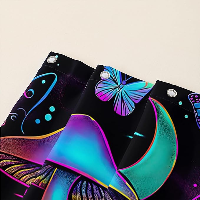 AILONEN Mushroom Shower Curtain,Colorful Butterfly Flower Decoration,Polyester Fabric,Waterproof,Botanical Fungus Plants Black Bath Curtains Washable,with 12 Plastic Hooks, 72" W x 84" H
