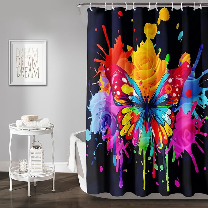 AILONEN Butterfly Shower Curtain for Bathroom, 3D Oil Painting Butterfly Bath Curtain,Colorful Butterfly Rose Flower Decoration Waterproof Black Curtain with 12 Plastic Hooks, 48" W*72" H