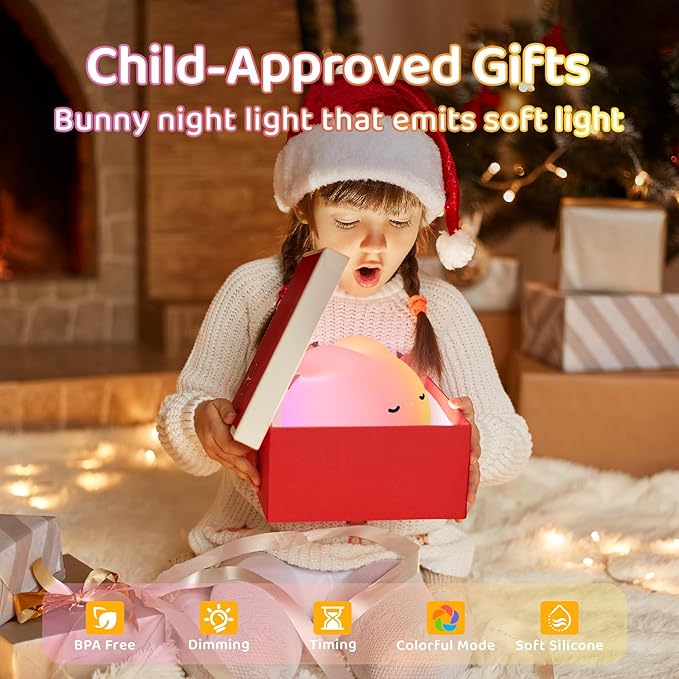 Night Light for Kids,Nursery Night Light,7 Color RGB and 3 Levels of Dimming, Rechargeable Cute Silicone Night Light, Cute Room Decoration, Gifts for Kids,Cute Bunny Night Light