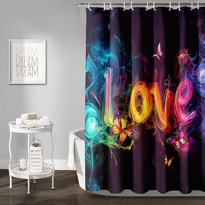 AILONEN Love Theme Shower Curtain for Bathroom,Romantic Smoky Butterfly Bath Curtain,Gradient Love Shabby Chic Print Black Shower Curtain with 12 Plastic Hooks,Waterproof 60" W*72" H
