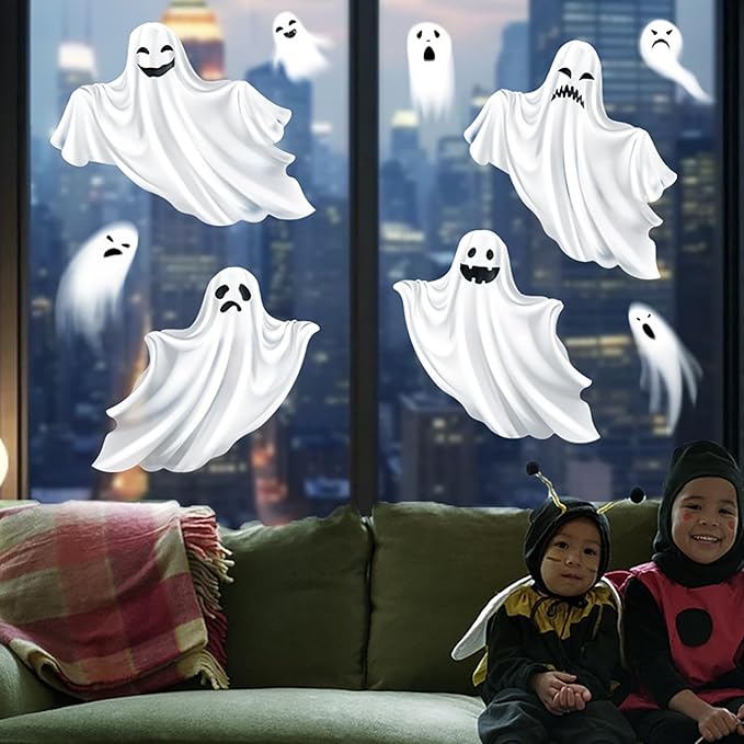 Halloween White Ghost Window Clings Stickers Decoration Horror Ghost Design Halloween Window Cling Decal Double Sided Static Halloween Window Stickers for Halloween Party Supplies Glass Decor