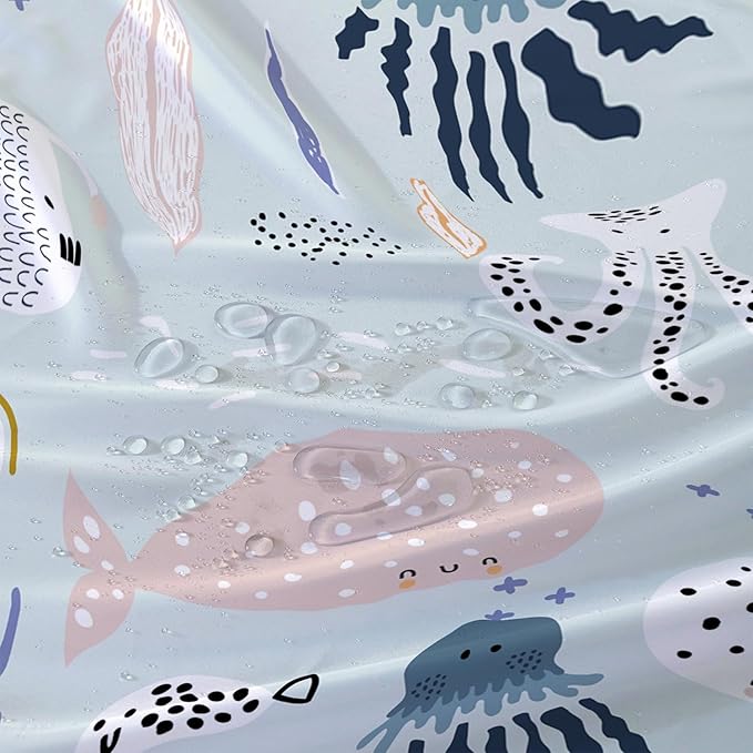 AILONEN Cartoon Ocean Life Shower Curtain for Kids 72" W*84" H Inch,Kawaii Fish Whales Octopuses Pattern Shower Curtain,Ocean Life Theme 12 Pack Hooks Polyester Waterproof Fabric Decor for Bathroom