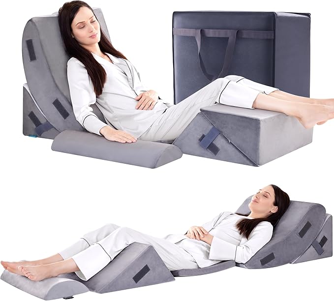 BDEUS 6pcs Orthopedic Bed Wedge Memory Foam Pillow Set for Sleeping Post Surgery Pain Relief Acid Reflux Snug Stop Adjustable Body Positioners Sitting Up in Bed with Travel Bag