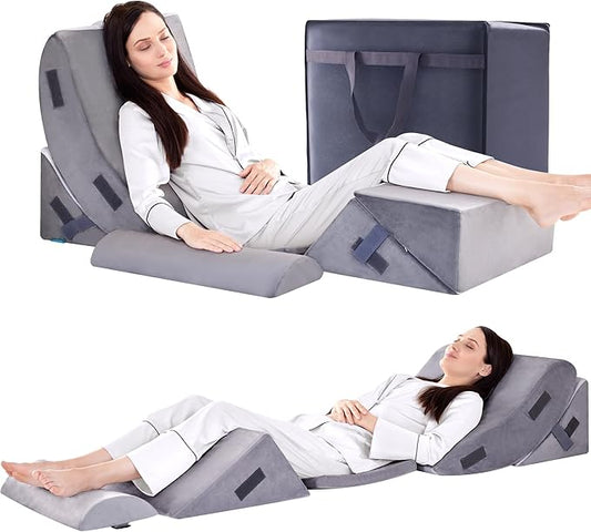 BDEUS 6pcs Orthopedic Bed Wedge Memory Foam Pillow Set for Sleeping Post Surgery Pain Relief Acid Reflux Snug Stop Adjustable Body Positioners Sitting Up in Bed with Travel Bag