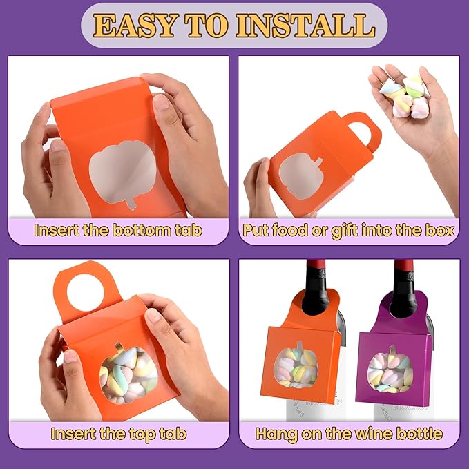 Megitzuu 30PCS Wine Bottle Box with Window, Kraft Paper Wine Boxes for Halloween Gifts Hanging Pumpkin Treat Box Mini Charcuterie Boxes Wine Bottles Gift Bags Goodies Candy Box Party Favor (Pumpkin)