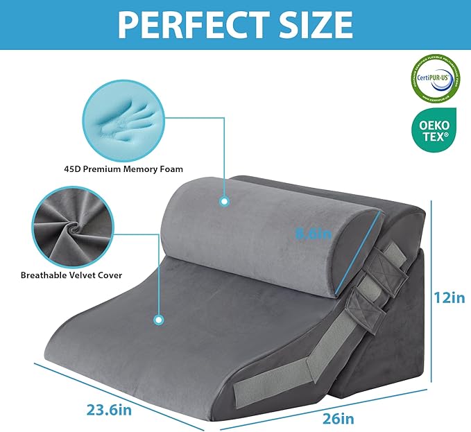 3PCS Bed Wedge Pillow for Sleeping, Adjustable Memory Foam Wedge Pillow for Back Leg Pain Relief, 23” Wide Triangle Pillow Wedge for Post Surgery, Acid Reflux, GERD & Snoring, Grey