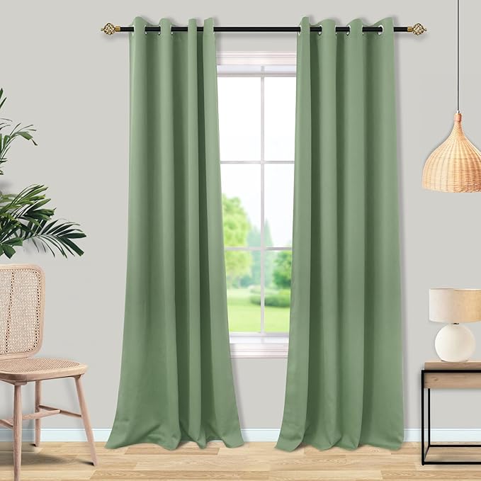 Mrs.Naturall Sage Green Blackout Curtains 90 Inches Long for Living Room 2 Panels Set,Grommet Light Blocking Thermal Insulated Room Darkening Boho Curtain Drapes for Bedroom,Light Green