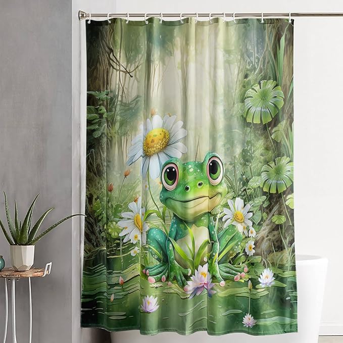 AILONEN Cartoon Frog Shower Curtain,Green Frog with Daisy Bath Curtain Set for Kids Boys Girls,Tropical Amphibian Waterproof Fabric Shower Curtain,Nature Shower Curtain for Bathroom,60" W*72" H