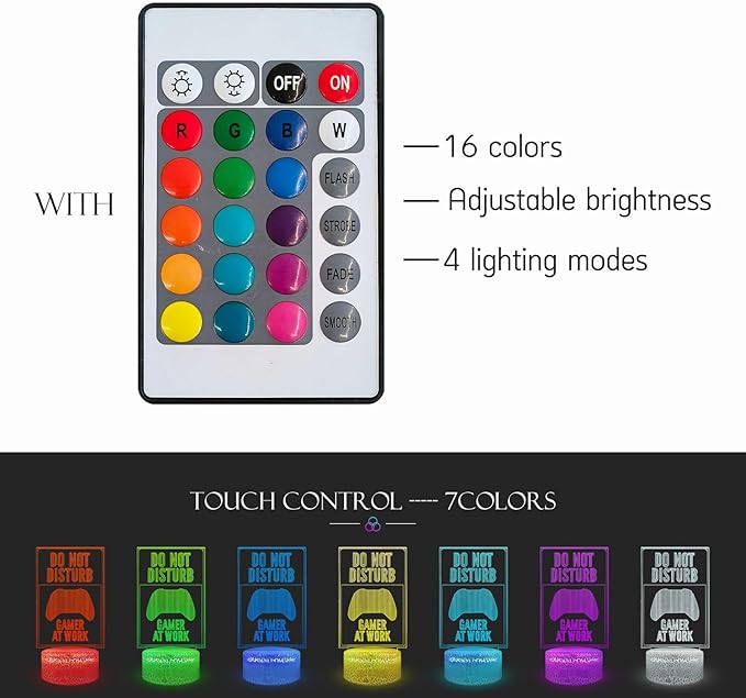3D Visual Game Room illusion Desk Lamp Do Not Disturb Gamer At Work Slogan 16 RGB Color Change USB Charge Base Touch Remote Control Boy Gift Decoration Acrylic with Stand