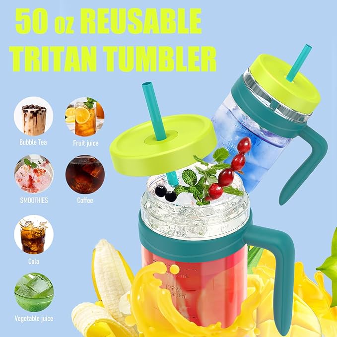 Tronco 50 oz Tritan Plastic Tumbler with Lid and Straw, BPA-Free Reusable Clear Water Bottle with Time Marker, 100% Leak Proof & Wide Mouth for Iced Coffee, Juice, Bubble Tea, Smoothies