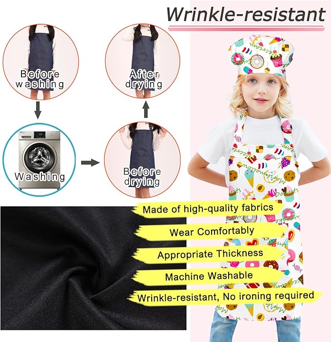 Kids Apron Chef Hat Set for Boys and Girls Adjustable Neck Strap Hook and Loop Fastener Design Waistband for Baking