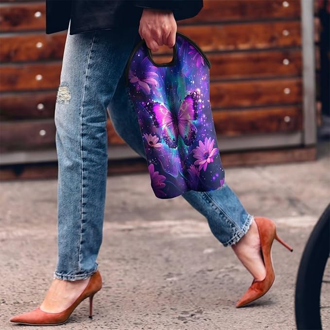 doginthehole Wine Bottle Travel Bag 2 Bottle Purple Butterfly Daisy Print Wine Carrying Tote for Women Wine Lover Champagne Carrier Bag Portable Neoprene Wine Tote for Travel, Picnic, Party