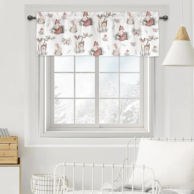 Baby Woodland Animals Leaves Mushroom Valances 54''x18'' Kids Toddler Nursery Bedroom Decor Drapes Deer Rabbit Fox Rod Pocket Short Curtains for Living Room Bathroom Kitchen Cafe 1 Pack