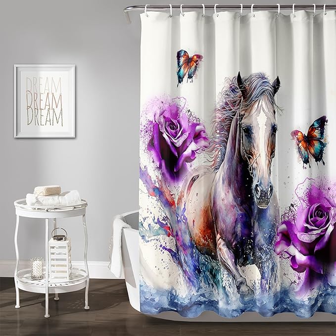 AILONEN 3D Horse Shower Curtain,Galloping Horses with Butterfly Waterproof Fabric Shower Curtains for Bathroom,Oil Purple Rose Bath Curtain Set with Hooks, 48" W*72" H