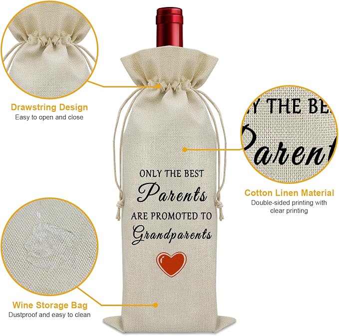 Parents Promoted to Grandparents Wine Bag New Grandparents Gifts First Time Grandparents to Be Gifts Wine Bottle Decoration Bag Pregnancy Reveal Gifts for Grandparents New Grandma and Grandpa Gifts