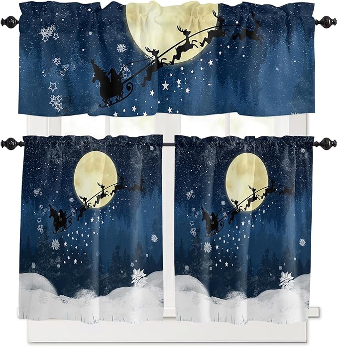 Christmas Kitchen Curtains and Valances Set, Santa Claus Reindeer Window Treatments Tiers Blue Snowy Night Semi Sheer Half/Short Curtains for Small Windows Cafe/Living Room/Bedroom 54x 36 in