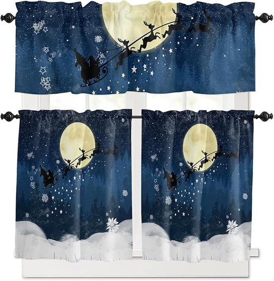 Christmas Kitchen Curtains and Valances Set, Santa Claus Reindeer Window Treatments Tiers Blue Snowy Night Semi Sheer Half/Short Curtains for Small Windows Cafe/Living Room/Bedroom 54x 36 in