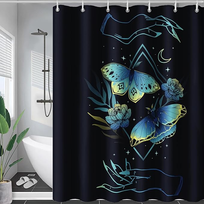 AILONEN Blue Moth Shower Curtain,Flora Death Moth Bath Curtain for Bathroom Decor,Polyester Waterproof with 12 Plastic Hooks 72" W*84" H