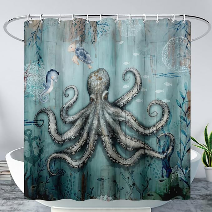 AILONEN 3D Ocean Octopus Shower Curtain Set for Bathroom,Sea Turtle Seahorse Animal Bath Curtain,Ocean Theme Waterproof Fabric Shower Curtain with Hooks,72" W*96" H