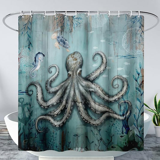 AILONEN 3D Ocean Octopus Shower Curtain Set for Bathroom,Sea Turtle Seahorse Animal Bath Curtain,Ocean Theme Waterproof Fabric Shower Curtain with Hooks,72" W*84" H