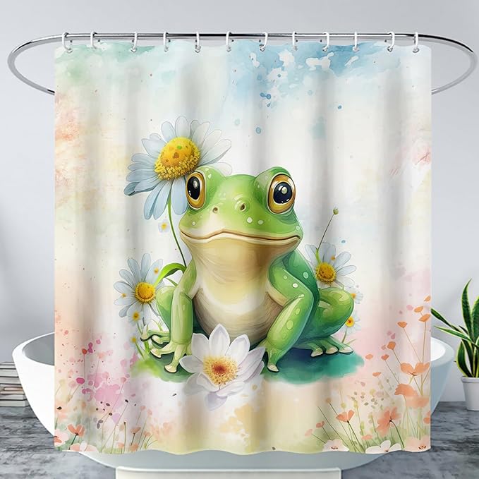 AILONEN Cartoon Frog Shower Curtain Set for Bathroom,Green Frog Bath Curtain,Amphibian Animal Shower Curtain,Tie Dye Flowers Waterproof Fabric Shower Curtain with Hooks,36" W*72" H