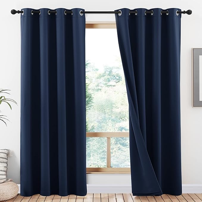 NICETOWN 100% Blackout Curtain Set, Thermal Insulated & Energy Efficiency Window Draperies for Guest Room, Full Shading Panels for Shift Worker and Light Sleepers, Navy Blue, 52W x 84L, 2 PCs