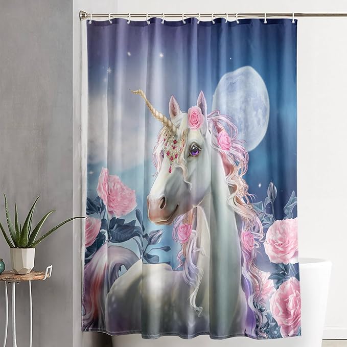 AILONEN Dreamy Unicorn Shower Curtain, Oil Painting Rose Waterproof Shower Curtain,3D Moon and Stars Girls Cloth Bath Curtain Set for Kids Teens Adults,72" W*84" H