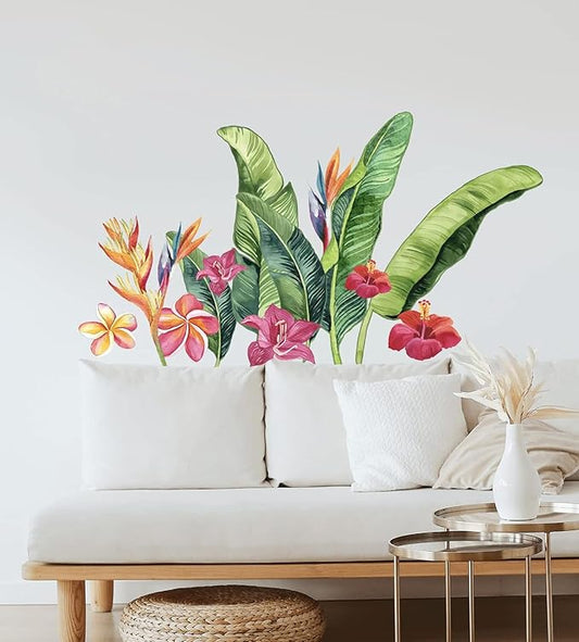 Green Banana Tree Flowers Leaf Wall Decals Peel and Stick Large Tropical Plants Wall Decals Green Wall Stickers for Bedroom Living Room Wall Stickers Nursery Office Apartment Jungle Party Decor