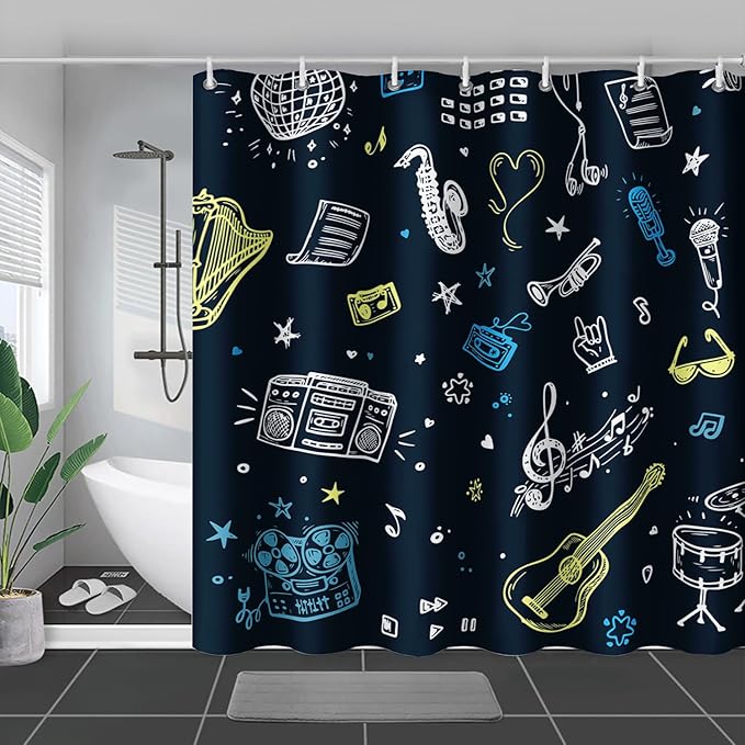 AILONEN Graffiti Note Music Shower Curtain,Hip Hop Music Art Bath Curtain Minimalist Bathroom Curtain 72" W*96" H Polyester Waterproof Bathroom Curtain with 12 Hooks