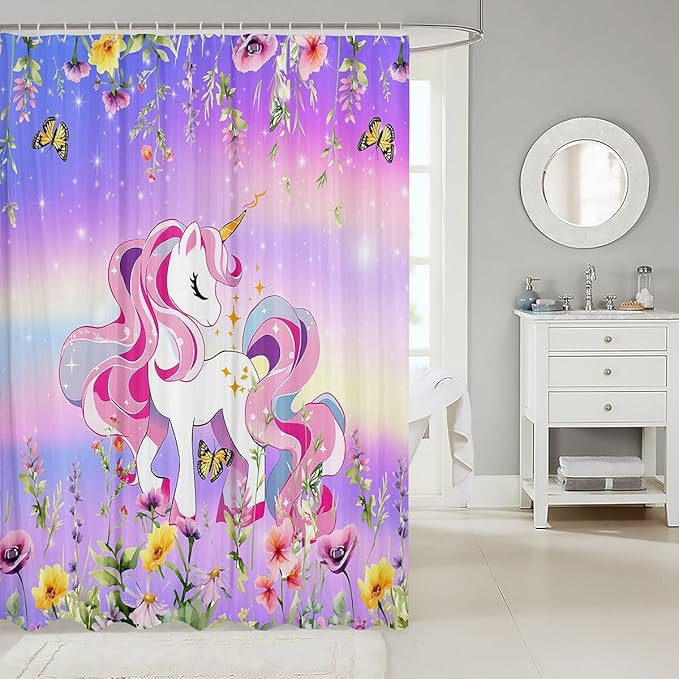 Feelyou Unicorn Bath Curtain Cute Unicorn Shower Curtain Cartoon Unicorn Bathroom Shower Curtain Set for Kids Boys Girls Girl Unicorn Kids Bathroom Accessories 72"x78"
