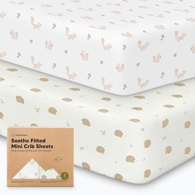 2-Pack Mini Crib Sheets Fitted, Pack and Play Sheets - Organic Cotton Pack N Play Sheets for Pack and Play Mattress, Playard Baby Crib Sheets, Jersey Crib Sheets Neutral for Boys,Girls (Nibbles/Bruce)