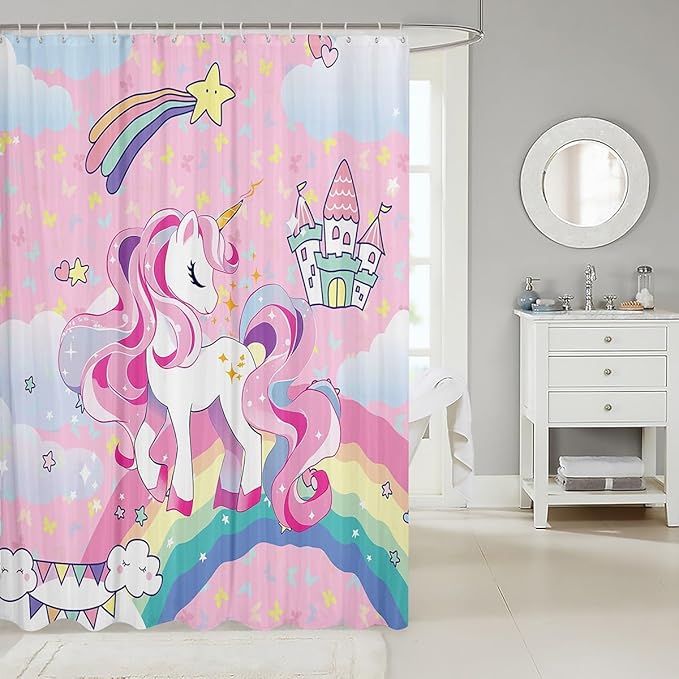 Feelyou Unicorn Shower Curtain Cute Unicorn Bath Curtain Cartoon Unicorn Bathroom Shower Curtain Set for Kids Toddler Boys Girls Girl Unicorn Kids Bathroom Accessories 72"x84"