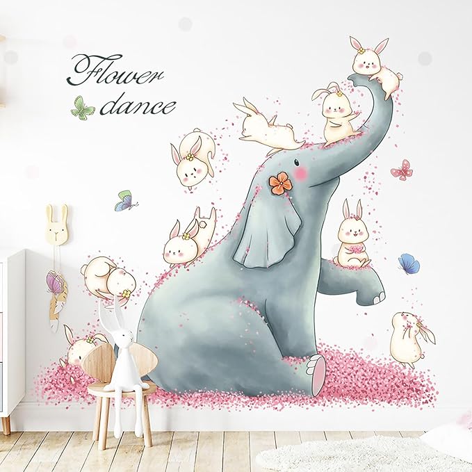 Cartoon Animals Wall Stickers Pink Elephant Rabbit Wall Decals Peel and Stick Wall Art Decals for Kids Bedroom Baby Nursery Door Decor