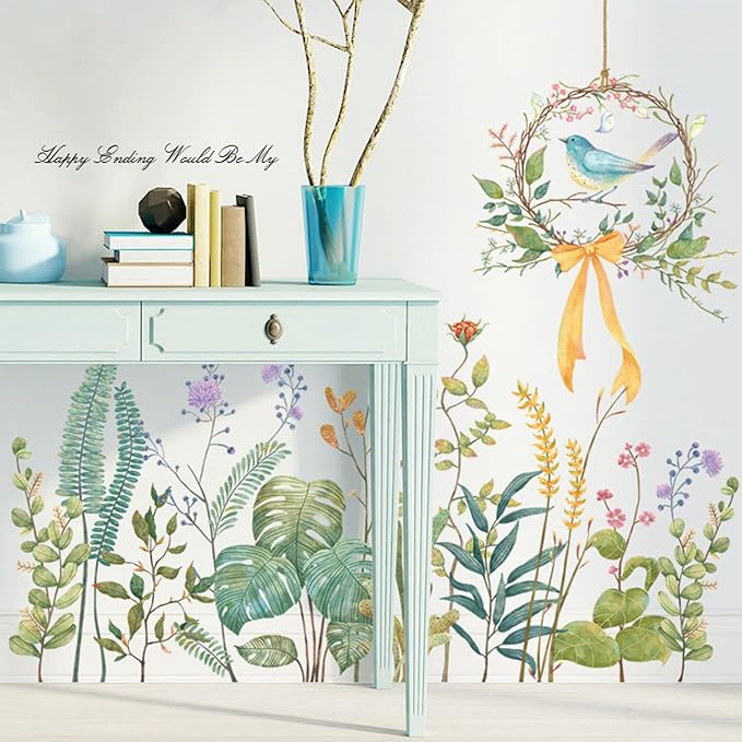 Tropical Green Plants Wall Decals Flowers Wall Corner Stickers Garden Floral Bird's nest Baseboard Skirting Line Wall Stickers for Baby Kids Girls Bedroom Living Room Corners Skirting Lines