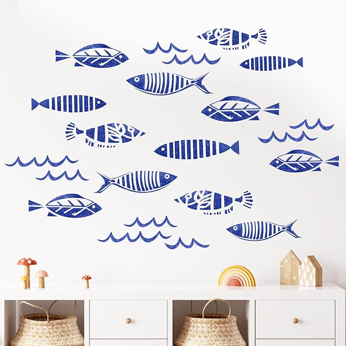 Mfault Under The Sea Blue Fish Wall Decals Stickers, Coastal Ocean Minimalist Nursery Decorations Kids Bedroom Art, Beach Nautical Neutral Toddlers Room Living Room Decor