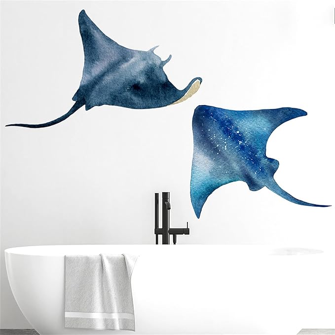 Watercolor Style Halobios Wall Decals Marine Organism Wall Sticker Art Wall Clings Removable Stickers for Nursery Kid'sroom School Livingroom Decoration Murals (Manta Ray1)