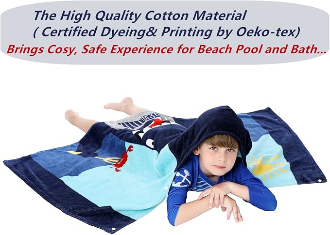 Kids Bath and Beach Soft Cotton Terry Hooded Towel Wrap, 30" x 50", Happy Shark