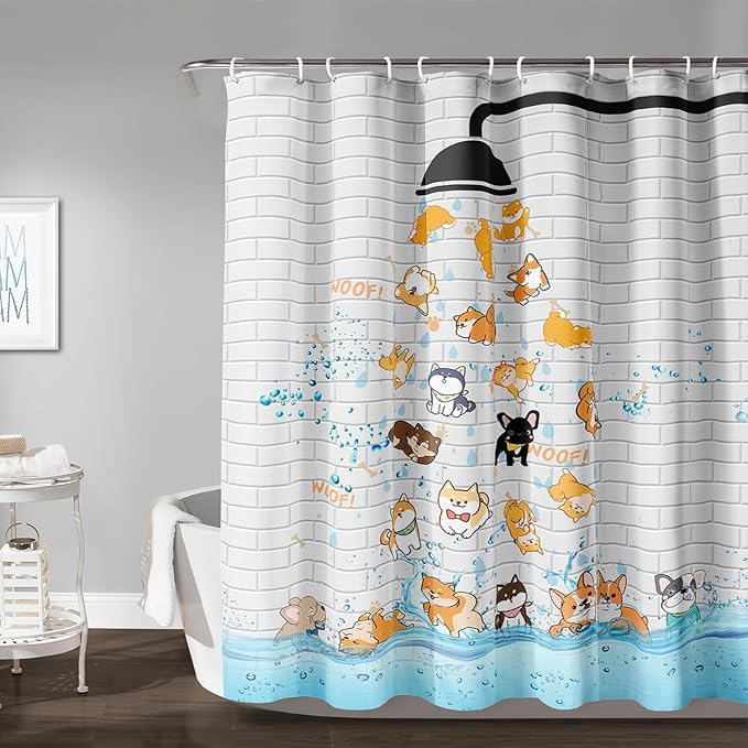 AILONEN Cute Corgi Shower Curtain for Kids 60" W*72" H Inch,Funny Dog Cartoon Corgi Animals Playing Water Shower Curtains,12 Pack Hooks Polyester Waterproof Fabric Decor for Bathroom Bathtub Panels