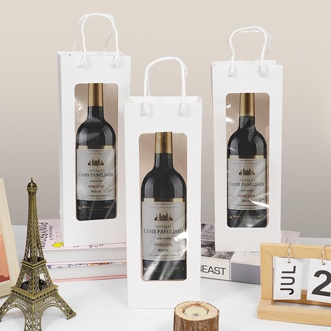Cyblinia Wine Gift Bags Wine Tote Bags 20 Pack Paper Wine Bags with Window 4.9 x 3.4 x 14.2 Inch Wine Bottle Bags for Wedding, Birthday, Christmas Party Supplies