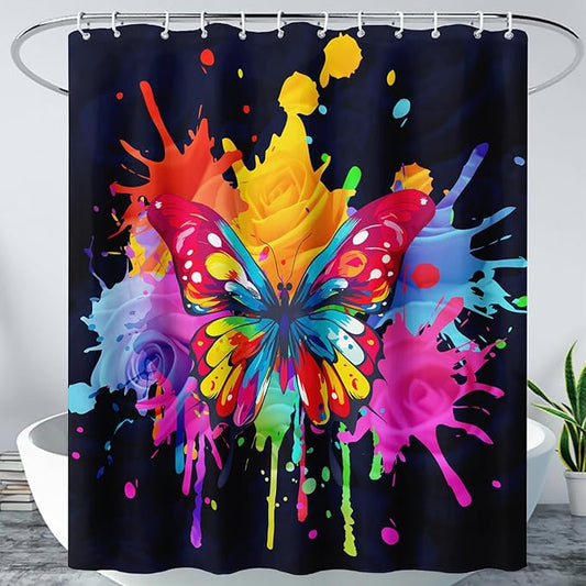 AILONEN Butterfly Shower Curtain for Bathroom, 3D Oil Painting Butterfly Bath Curtain,Colorful Butterfly Rose Flower Decoration Waterproof Black Curtain with 12 Plastic Hooks, 48" W*72" H