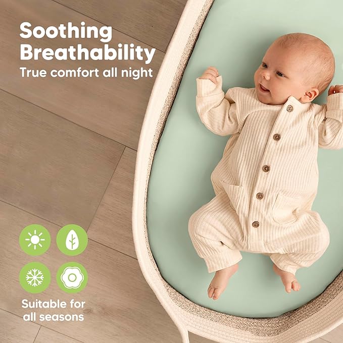 2-Pack Organic Bassinet Sheets for Girls, Boys - 100% Cotton Bassinet Mattress Sheets Compatible with Halo Bassinest Swivel Sleeper, Graco, Baby Delight, Chicco, Unisex Fitted Bassinet Sheets (Sage)