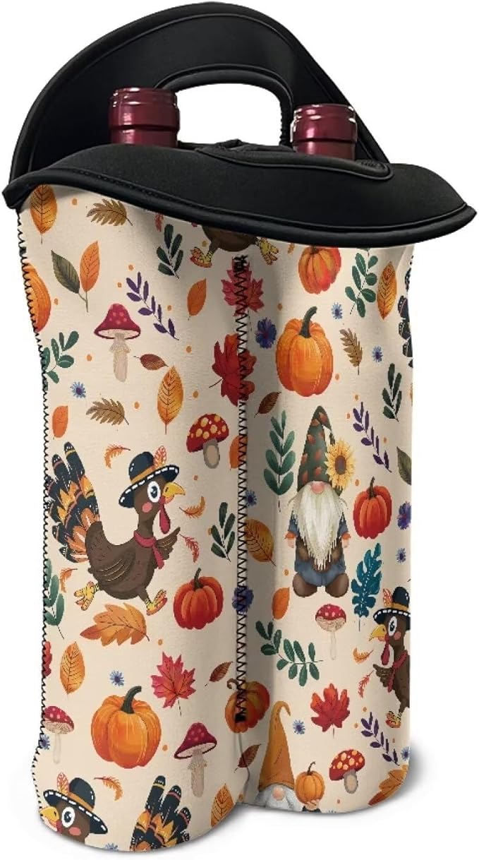 doginthehole Thanksgiving Gnomes Wine Bottle Tote, 750ml 2 Bottles Hand-Held Neoprene Wine Bottle Bag Hand Bag for Travel with Carry Handle, Fall Pumpkin Turkey Champagne Bottles Carrying Case