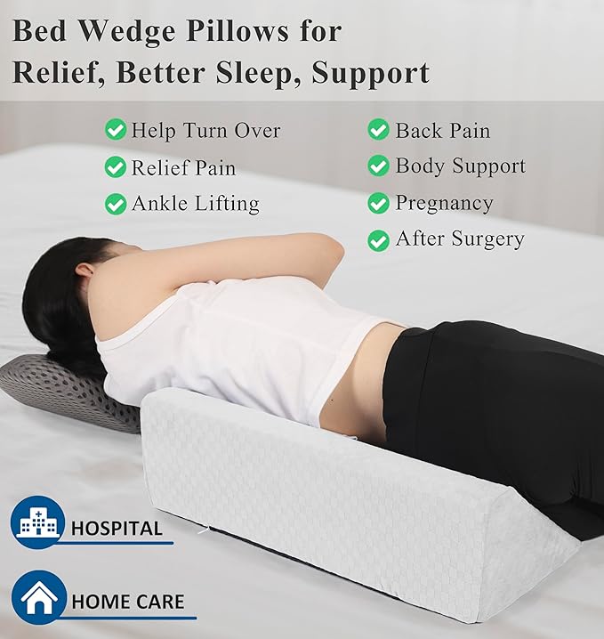 Bed Wedge Pillow for Side Sleeping Foam Filled Body Positioning Triangle Pillow Suitable for Pregnancy and Surgery Prevent Bed Sore for Leg and Back Support with Pillow Case (White)