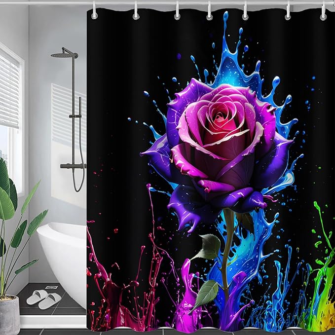 AILONEN Purple Rose Flower Shower Curtain for Bathroom,Splash-Ink Rose Bath Curtain for Kids Girls Women,Romantic Minimalism Curtain Waterproof with 12 Plastic Hooks, 60" W*72" H
