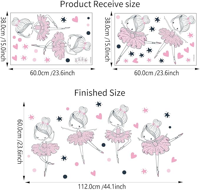 4 Cute Ballerina Ballet Dancers Wall Decals for Girls Bedroom Large Removable Wall Stickers for Classroom Pink and Black Wall Murals Peel and Stick Vinyl Kids Room Decor for Living Room Nursery
