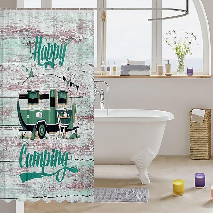 Feelyou Camper Shower Curtain Camping Bathroom Shower Curtain Set Happy Camping Bath Curtain for Kids Boys Girls Cartoon Camping Kids Bathroom Accessories 72"x78"