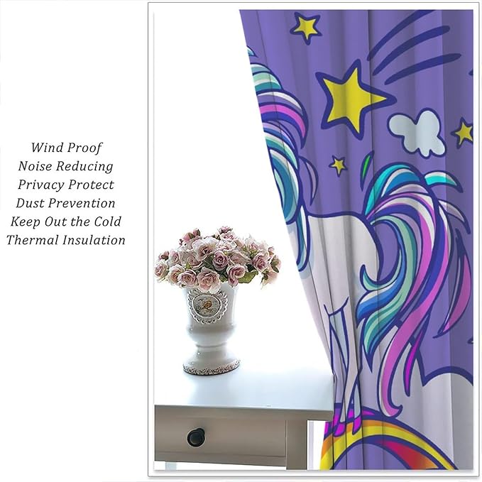 Kids Unicorn Curtains Purple Cartoon Rainbow Cartoon Room Blackout Curtains Boys Girls Baby Room Decor Curtains Living Room Decor 42x63 Inch 2 Panels