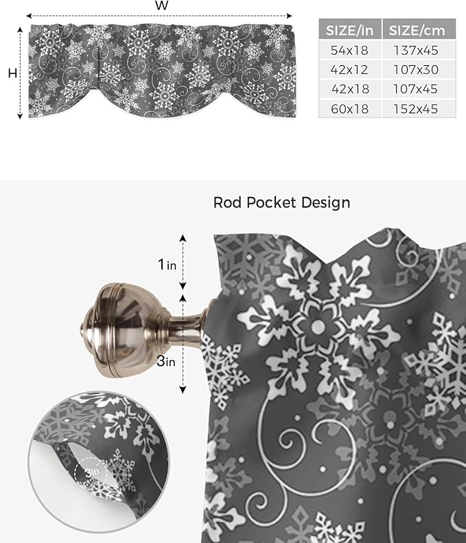 Christmas Blackout Tie Up Valance Curtains for Kitchen Windows Grey White Snowflakes Pattern Window Toppers Balloon Shades for Living Room/Bathroom/Bedroom,1 Panel, 42" X 12", Winter